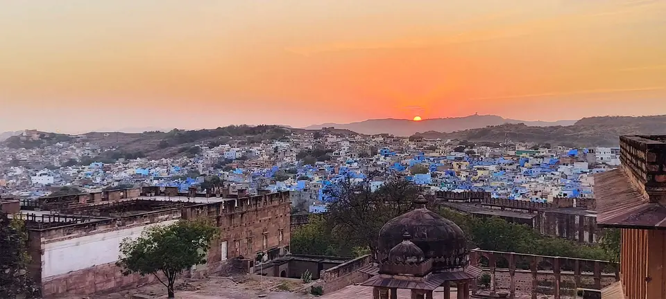 Sunset over the blue houses of Jodhpur seen from the fort