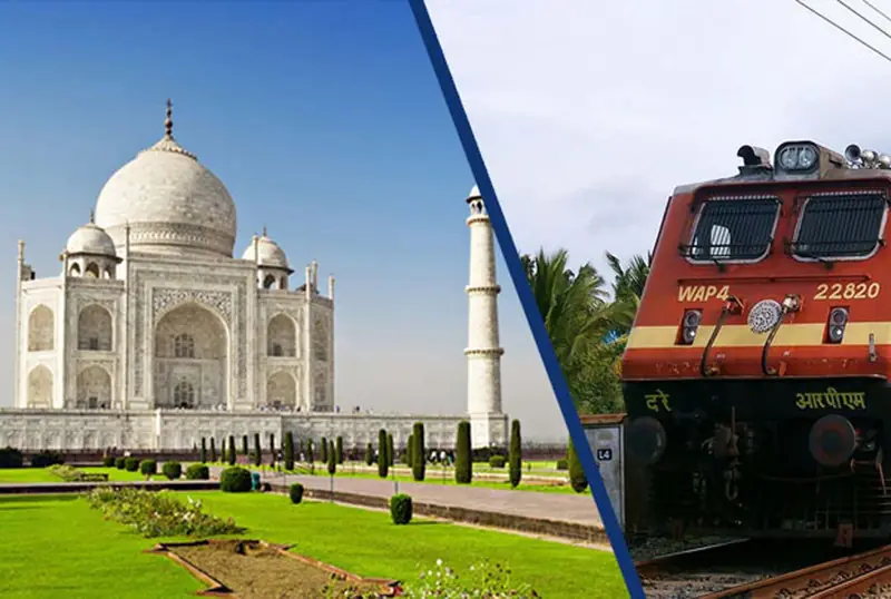 The Taj Mahal beside a Gatimaan Express locomotive