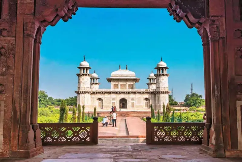 Itimad-ud-Daulah tomb framed by a sandstone gateway, Agra
